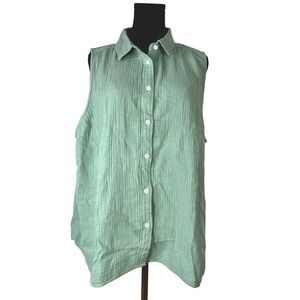 J.Crew Womens 2X Sage Green Double-Gauze Sleeveless Button Down Shirt‎ NWT